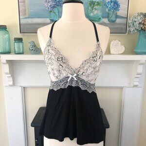 Nicole Miller Black Lace Tank Top Small Slinky Whimsigoth Babydoll Coquette